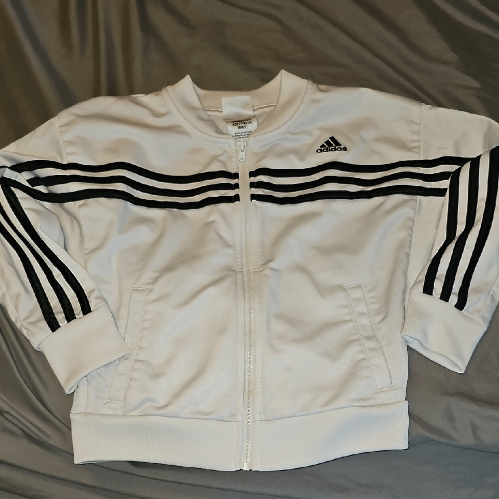Adidas White Jacket Black Stripes Activewear Size 6 6x Xsmall Boy Girl Coat